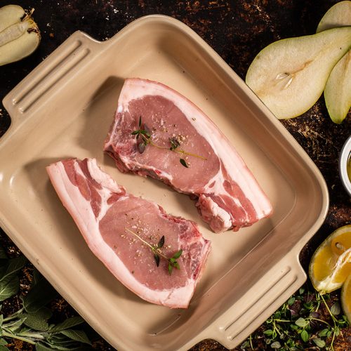 The Best Ever Tray baked Pork chops with Parsnip, Pear, Lemon and Bay